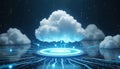 Futuristic clouds hover over glowing tech platform. Digital data streams flow across abstract circuit board. Global network Royalty Free Stock Photo