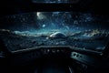 Futuristic Cockpit of spaceship control system room with planets view scenery, Outer space, astronaut. Planet horizon