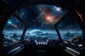 Futuristic Cockpit of spaceship control system room with planets view scenery, Outer space, astronaut. Planet horizon