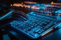 In a futuristic coding environment, a programmer interacts with a virtual keyboard, enhancing productivity through Royalty Free Stock Photo