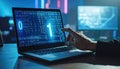 Futuristic Coding Scene: Hand Interacting with Binary Display on Laptop Royalty Free Stock Photo