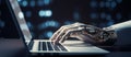 Futuristic Collaboration: AI Robot Hand Interacting with Laptop in Lab. Generative ai