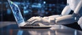 Futuristic Collaboration: AI Robot Hand Interacting with Laptop in Lab. Generative ai