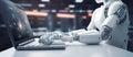 Futuristic Collaboration: AI Robot Hand Interacting with Laptop in Lab. Generative ai