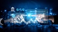 Futuristic Collaboration Between Human Hand and Robot Arm with Financial Data Visualization in the Background Gantry Royalty Free Stock Photo