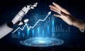 Futuristic Collaboration Between Human Hand and Robot Hand for Financial Growth, Data Analysis, and Technology Royalty Free Stock Photo