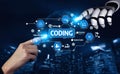 Futuristic Collaboration Between Human Hand and Robotic Arm in Coding Concept with Data Structure and Source Code Royalty Free Stock Photo