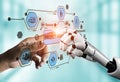 Futuristic Collaboration Between Human Hand and Robotic Arm in Project Management Context with Digital Interface Royalty Free Stock Photo