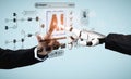 Futuristic Collaboration Between Human Hand and Robotic Arm Showcasing Artificial Intelligence Interaction and Advanced Royalty Free Stock Photo