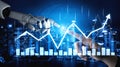 Futuristic Collaboration Between Human and Robot in Financial Growth Analysis with Data Visualization and City Royalty Free Stock Photo