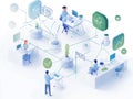 A futuristic collaborative workspace, featuring a central figure working on a laptop amidst floating digital data and