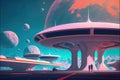 Futuristic colony on exoplanet with colossal constructions depicted in digital artwork. illustration painting