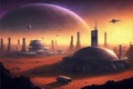 Futuristic colony on exoplanet with colossal constructions depicted in digital artwork. illustration painting