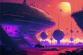 Futuristic colony on exoplanet with colossal constructions depicted in digital artwork. illustration painting