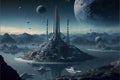 Futuristic colony on exoplanet with colossal constructions depicted in digital artwork. illustration painting