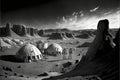 A futuristic colony on Mars, with astronauts exploring the craters