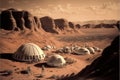 A futuristic colony on Mars, with astronauts exploring the craters