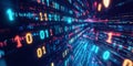 A futuristic, colorful abstract background with glowing binary code streaming across. The neon Royalty Free Stock Photo