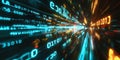 A futuristic, colorful abstract background with glowing binary code streaming across. The neon Royalty Free Stock Photo