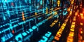 A futuristic, colorful abstract background with glowing binary code streaming across. The neon Royalty Free Stock Photo