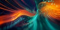 A futuristic, colorful abstract background showcasing dynamic, swirling data streams. The luminous,