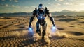 Futuristic Combat Robot: Dust-Clearing Run Across the Arabian Desert Royalty Free Stock Photo