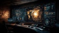 Futuristic command center with advanced technology, digital maps, and data displays in modern control room