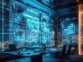 A futuristic command center with blue circuit board-like graphics, large desk with multiple monitors, modern comfortable
