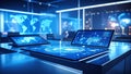 Futuristic Command Center with Digital Displays and Global Data Visualization Royalty Free Stock Photo