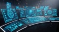 Futuristic command center display screens with glowing blue futuristic interface elements isolated on white background Royalty Free Stock Photo