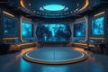 ?Futuristic command center displaying a world map and various data streams on multiple screens, suggesting advanced technological Royalty Free Stock Photo