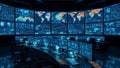 Futuristic command center displays global data maps and complex analytics across numerous glowing blue screens Royalty Free Stock Photo