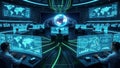 Futuristic Command Center with Global Data Displays and People Working control room technology Royalty Free Stock Photo