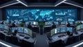 Futuristic Command Center with Global Data Displays and Technicians Working at Multiple Monitors Royalty Free Stock Photo