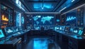 Futuristic Command Center with Global Map and Data Displays Royalty Free Stock Photo