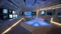 Futuristic command center with glowing blue holographic displays and multiple monitors Royalty Free Stock Photo