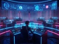Futuristic Command Center with Glowing Neon Lights and Multiple Screens Displaying Data control room Royalty Free Stock Photo