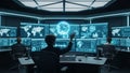 Futuristic command center with holographic globe and multiple monitors displaying data control room Royalty Free Stock Photo