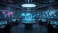 Futuristic command center with holographic globe and multiple world maps on screens technology control room Royalty Free Stock Photo