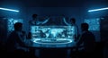 Futuristic command center with holographic world map display and team collaborating on global strategy Royalty Free Stock Photo