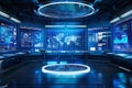 Futuristic Command Center with Interactive Displays and Central Control Panel