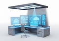 Futuristic command center with multiple glowing blue digital displays and ergonomic chair Royalty Free Stock Photo