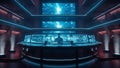Futuristic command center with multiple glowing blue screens displaying data and a central figure in a dark room with neon lights Royalty Free Stock Photo