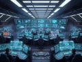 Futuristic command center with multiple glowing blue screens and seated operators control room technology Royalty Free Stock Photo