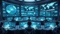 Futuristic command center with multiple large screens displaying global data technology Royalty Free Stock Photo