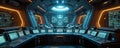 Futuristic command center with multiple screens displaying complex data. Operators monitor advanced systems in a dark, high tech Royalty Free Stock Photo