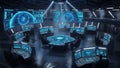 Futuristic command center with multiple screens displaying data and people working at consoles Royalty Free Stock Photo