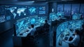 Futuristic command center with multiple screens displaying global data control room technology Royalty Free Stock Photo