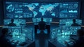 Futuristic Command Center with Multiple Screens Displaying Global Data and People Working control room Royalty Free Stock Photo
