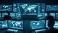 Futuristic command center with multiple screens displaying global data and world maps control room Royalty Free Stock Photo